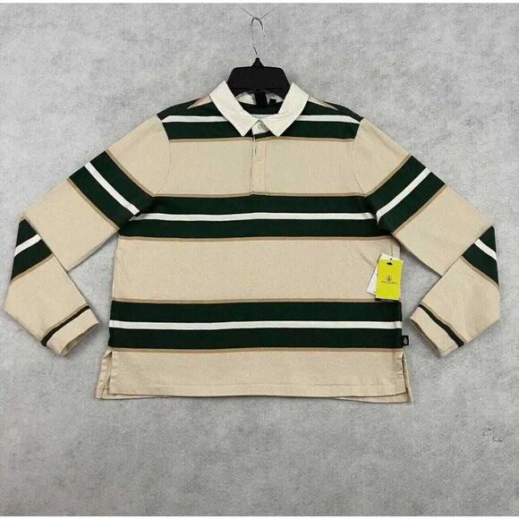 Volcom Volarco Long Sleeve Polo Shirt L 100% Cotton Boxy Striped Cream Green - Picture 3 of 12